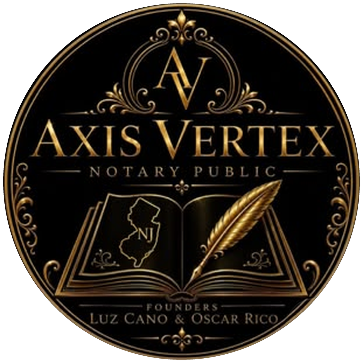 Medallón de Axis Vertex: monograma AV, Notary Public, libro abierto con el mapa de Nueva Jersey y una pluma. Fundadores Luz Cano y Oscar Rico.